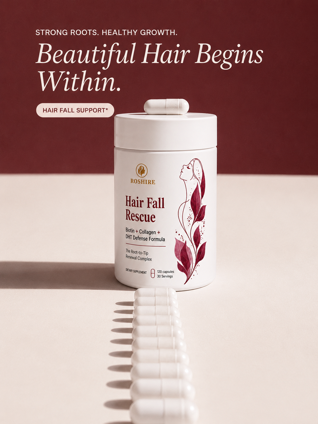 Roshire Hair Fall Rescue – Biotin + Collagen + DHT Defense Formula