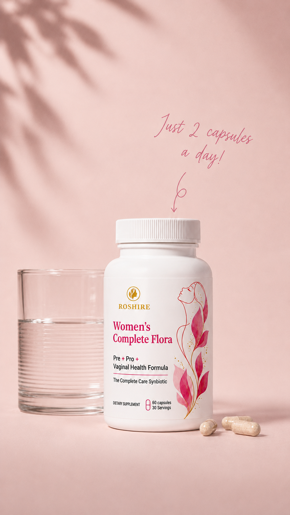 ROSHIRE Women’s Complete Flora – 60 Billion CFU Synbiotic for Vaginal, Gut & Urinary Health (60 Capsules)