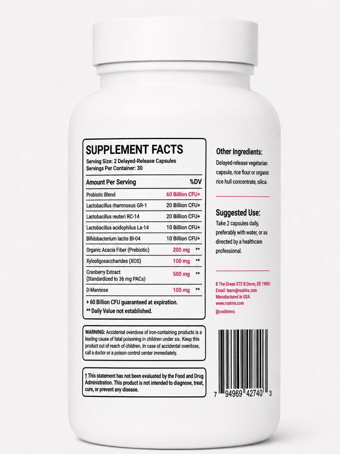 ROSHIRE Women’s Complete Flora – 60 Billion CFU Synbiotic for Vaginal, Gut & Urinary Health (60 Capsules)