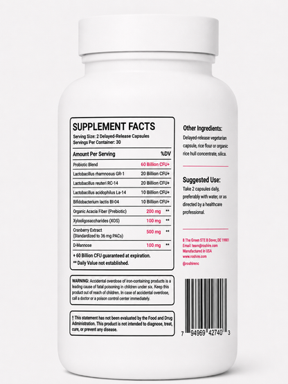 ROSHIRE Women’s Complete Flora – 60 Billion CFU Synbiotic for Vaginal, Gut & Urinary Health (60 Capsules)